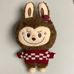Brown Labubu Plush with Red Checked Sweater.